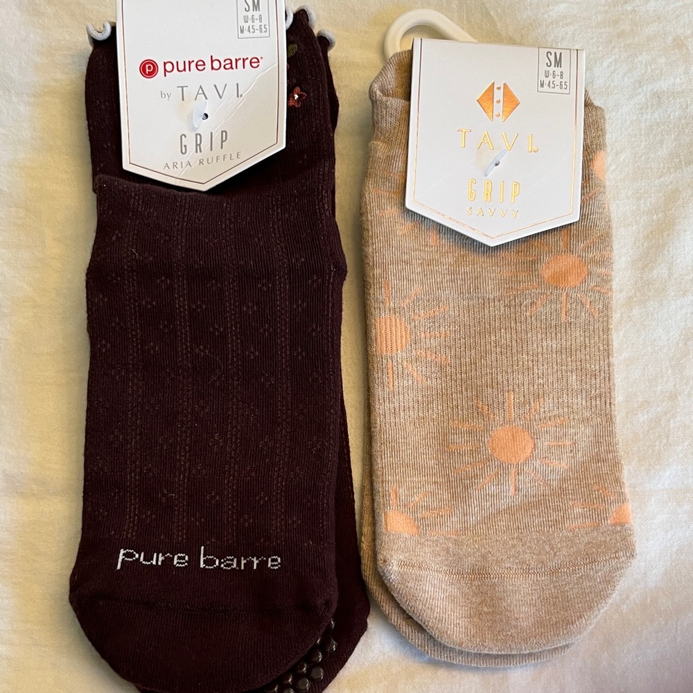 Pure Barre Brown Grip Socks and TAVI Tan Grip Socks- both size small